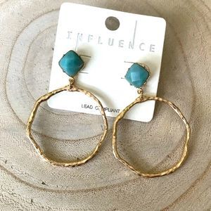 Turquoise Gold Earrings Hammer Metal Dangle Circle Hoop Jewelry Boho Classic NWT